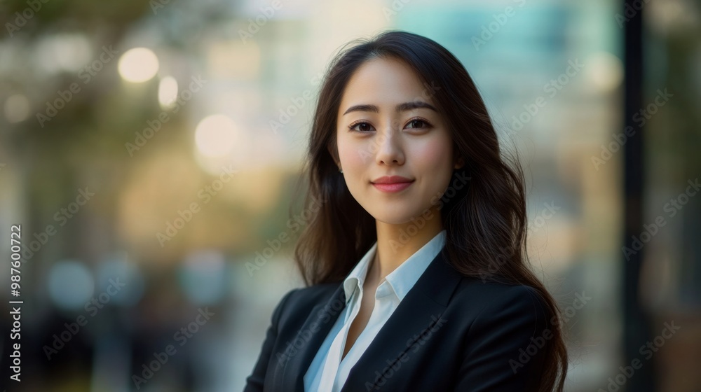 Obraz premium Portrait of a beautiful Asian woman in suit outdoors with a blurry business center in backdrop. with copy space