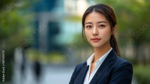 Portrait of a beautiful Asian woman in suit outdoors with a blurry business center in backdrop. with copy space