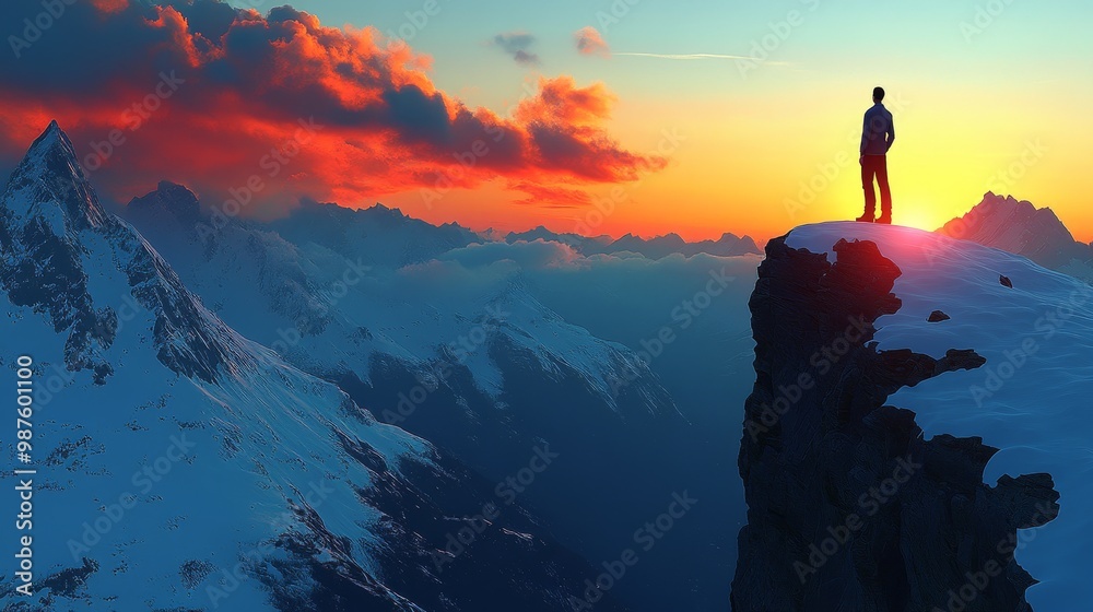 A lone figure stands atop a snowy mountain peak, gazing at a vibrant sunset over majestic landscapes. Embrace the adventure of nature. A lone figure stands atop a snowy mountain peak, gazing at a vibrant sunset over majestic landscapes. Embrace the adventure of nature.