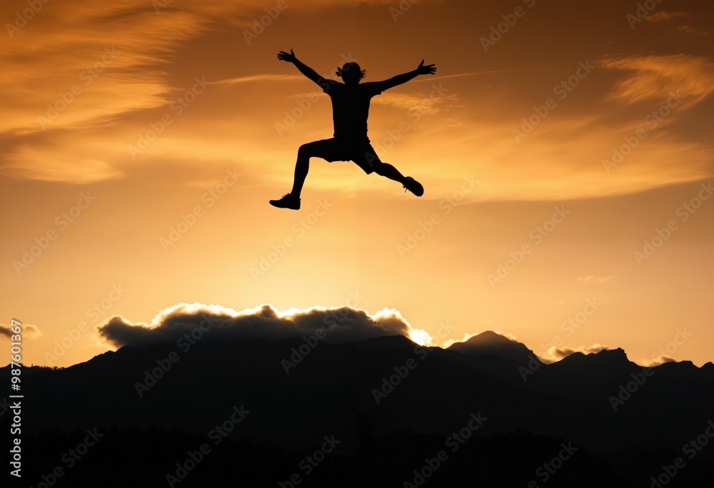Silhouette of a Person Jumping Against a Dramatic Sunset Sky Silhouette of a Person Jumping Against a Dramatic Sunset Sky