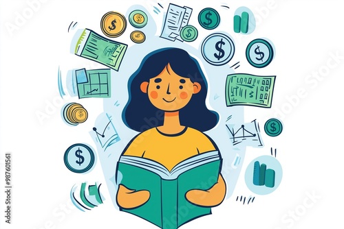 A young woman reading a book surrounded by various financial symbols, emphasizing the importance of financial education and literacy. photo