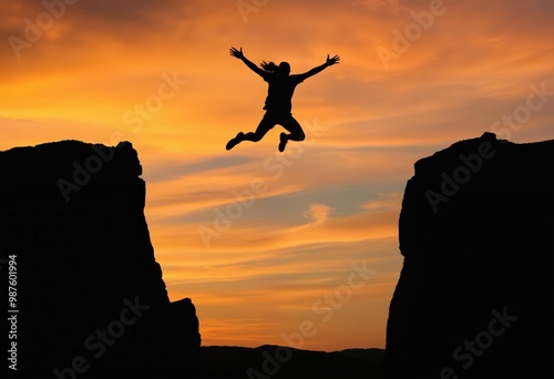 A person in mid-air, silhouetted against a sunset, jumps over two large rock formations against a vibrant orange sky, creating a sense of freedom and joy