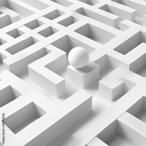 A minimalistic maze with a white sphere at the center, representing challenges and solutions in a clean, abstract environment. photo