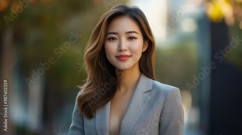 Beautiful Asian Woman in Grey Blazer Smiling Confidently