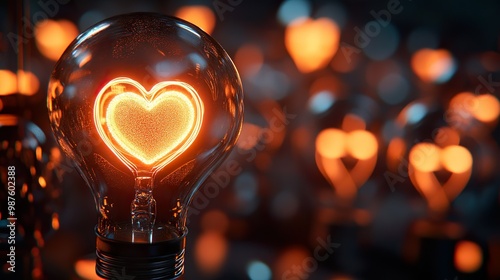 Light bulb with glowing heart inside. Concept of love, saving electricity, power. Valentine's Day.