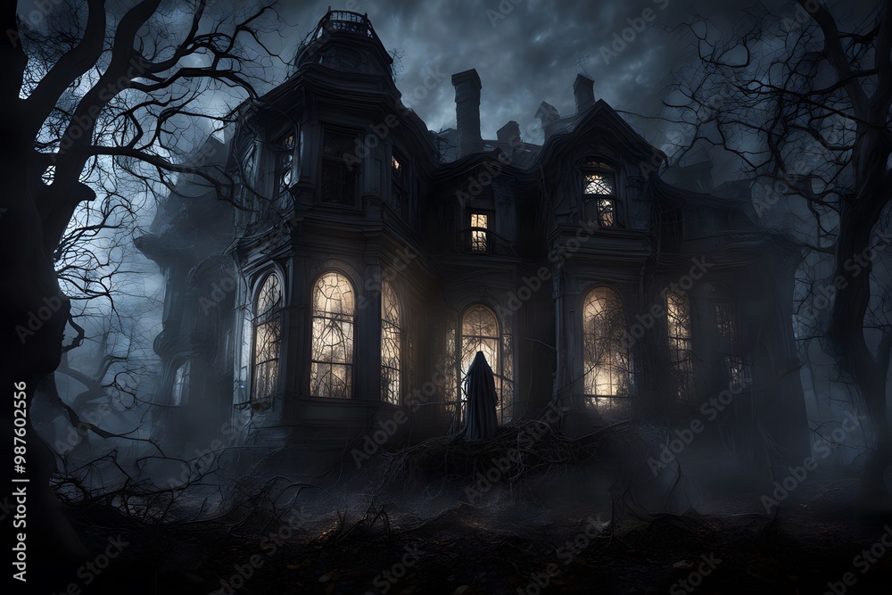 A mysterious haunted house with flickering lights cobweb covered windows and a ghostly figure, AI Generated A mysterious haunted house with flickering lights cobweb covered windows and a ghostly figure, AI Generated