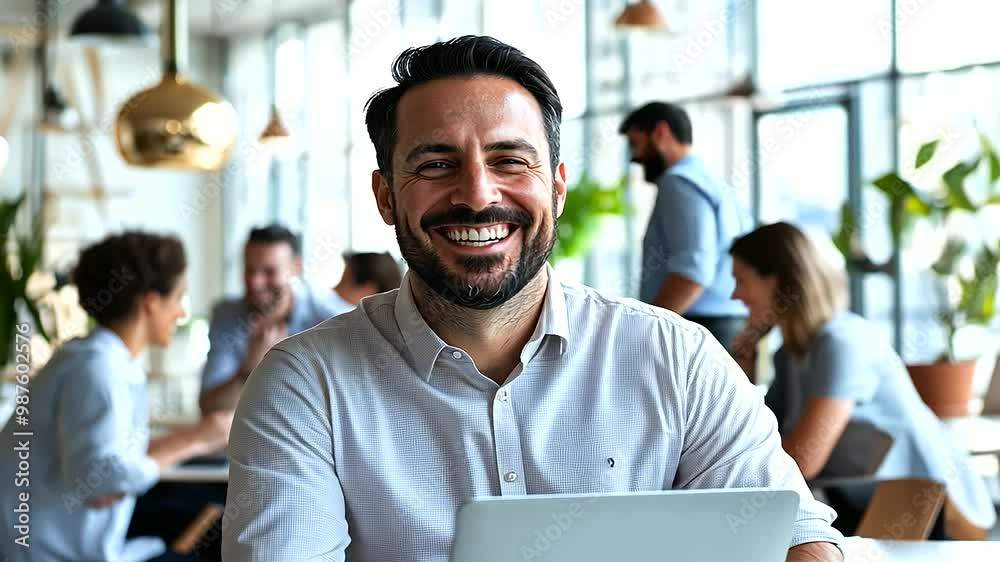 Confident project manager working on a laptop, leading a collaborative team in a modern office setting. Confident project manager working on a laptop, leading a collaborative team in a modern office setting.