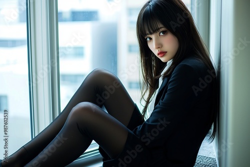 Photograph of an attractive Japanese woman wearing a black skirt suit and...