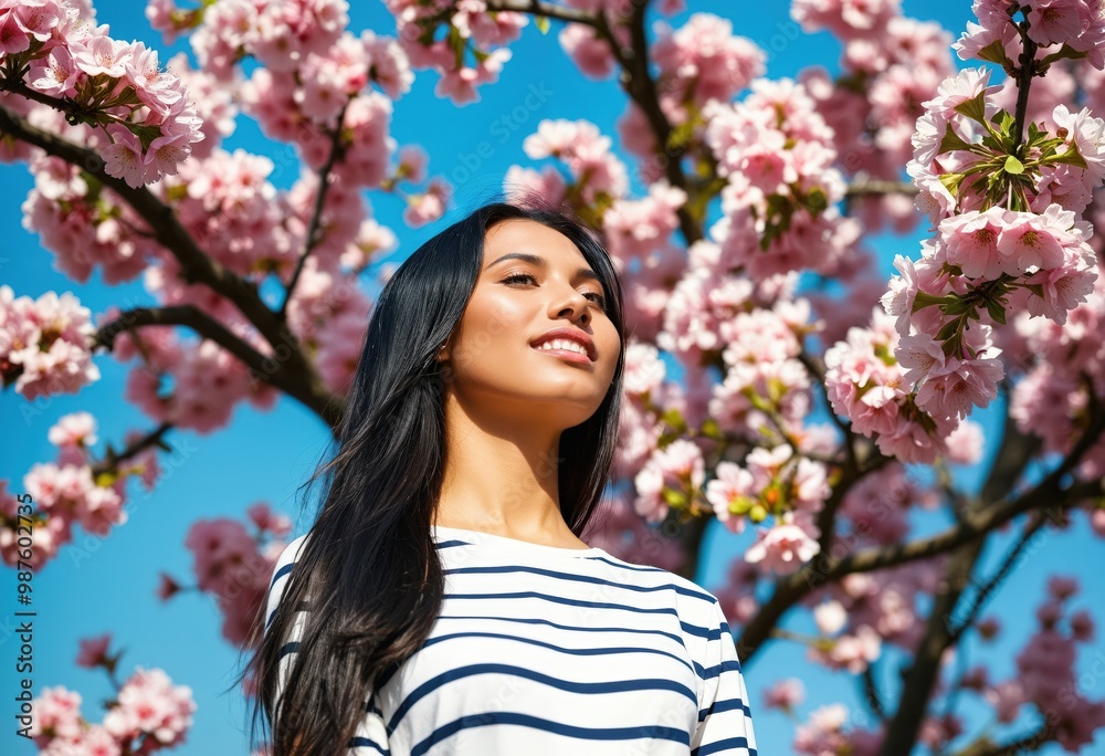 A young woman with long black hair, wearing a striped shirt, stands in front of a pink cherry blossom tree, gazing upwards and looking at the camera, creating a serene and captivating scene A young woman with long black hair, wearing a striped shirt, stands in front of a pink cherry blossom tree, gazing upwards and looking at the camera, creating a serene and captivating scene