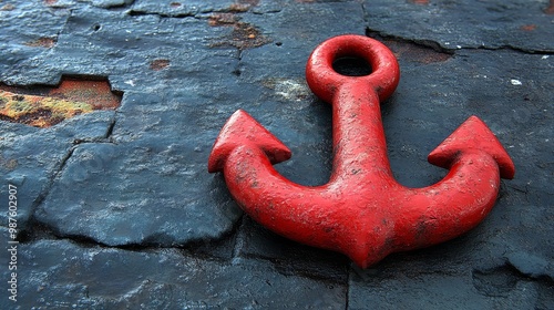 A rustic red anchor resting on a textured slate surface, symbolizing nautical themes and maritime adventure. photo