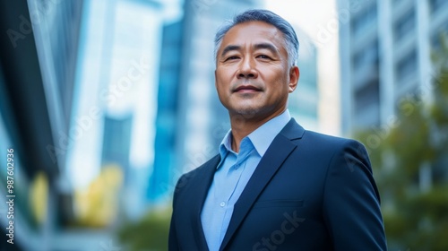 Portrait of a mature middle-aged Asian man in suit outdoors with a blurry business center in backdrop. with copy space