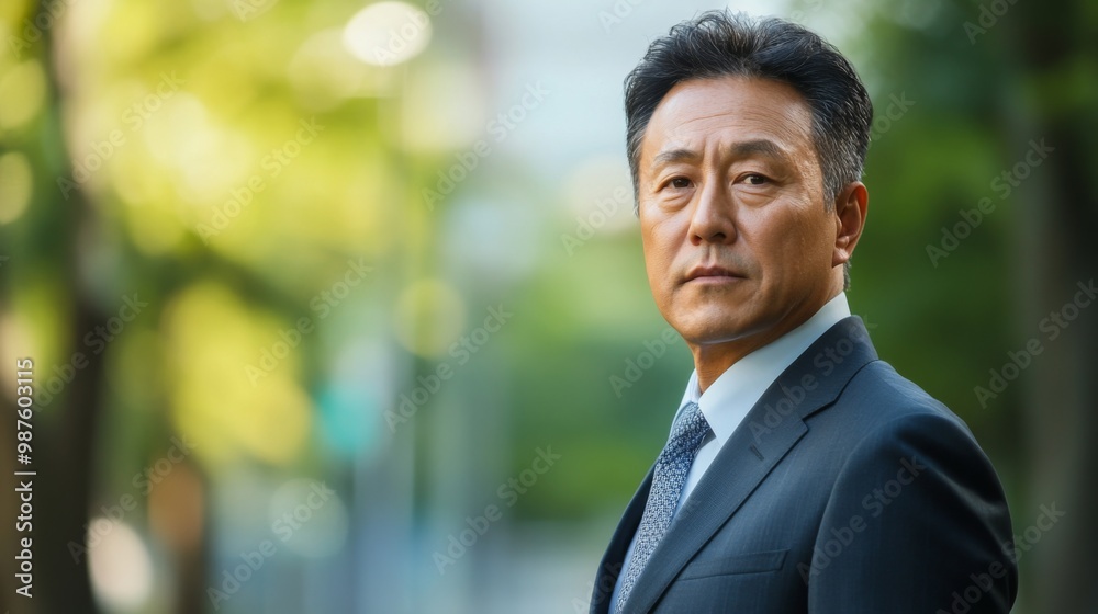 Portrait of a mature middle-aged Asian man in suit outdoors with a blurry business center in backdrop. with copy space