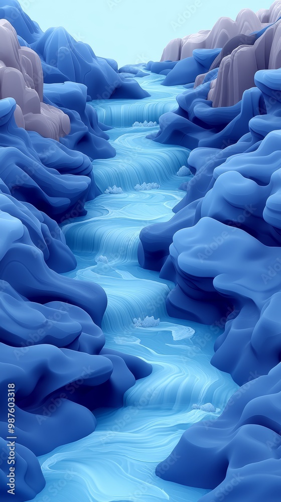 Obraz premium A serene blue river flows through abstract rocky formations, creating a peaceful atmosphere in a vibrant, dreamlike setting.