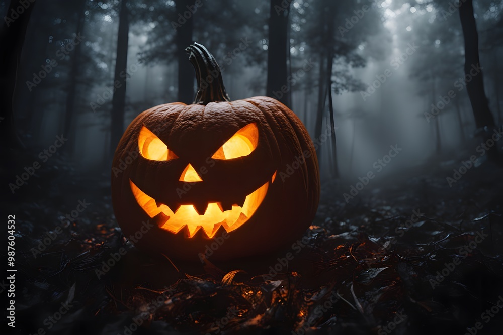A sinister jack o lantern glowing with an ominous light surrounded by swirling fog in a dark forest, Ai Generated