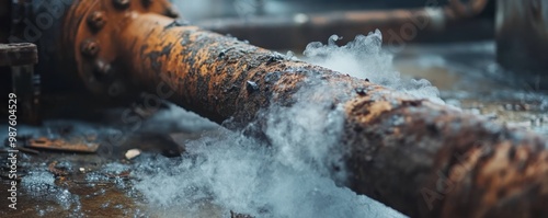 Close-up of a rusted gas pipe with a visible leak and steam emitting in an industrial area, highlighting infrastructure decay and potential hazards