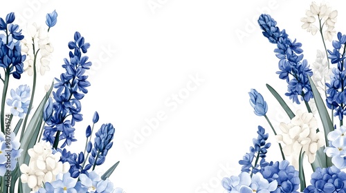 Blue and white flowers, hyacinth border on the right side, watercolor clipart with a solid background