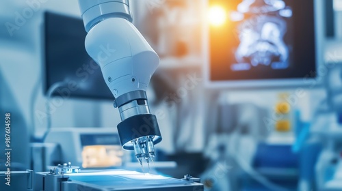 Close-up of a robotic arm performing a precise surgical operation in a sterile medical environment with advanced technology and skilled healthcare professional photo