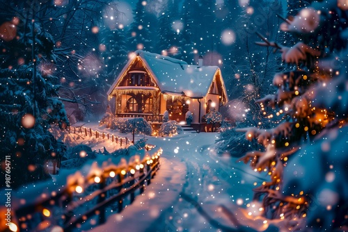 Cozy Winter Cabin Adorned With Festive Lights Amid Falling Snow on a Tranquil Evening