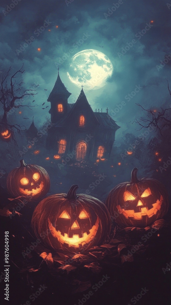 Creepy Jack-o'-lanterns with haunted house and glowing moon, Halloween digital art. Creepy Jack-o'-lanterns with haunted house and glowing moon, Halloween digital art.