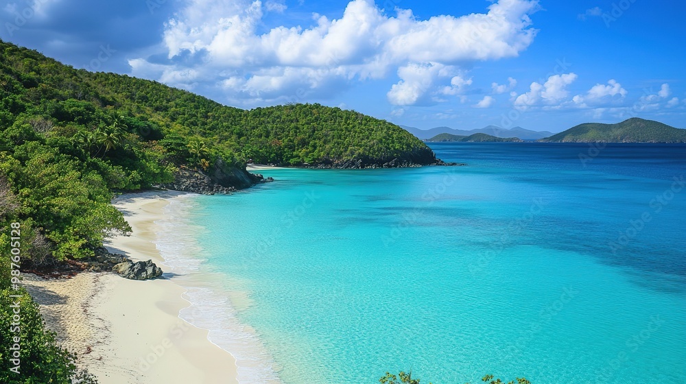 Crystal-clear waters and pristine sandy beach at midday on a sunny day in a tranquil coastal area Crystal-clear waters and pristine sandy beach at midday on a sunny day in a tranquil coastal area