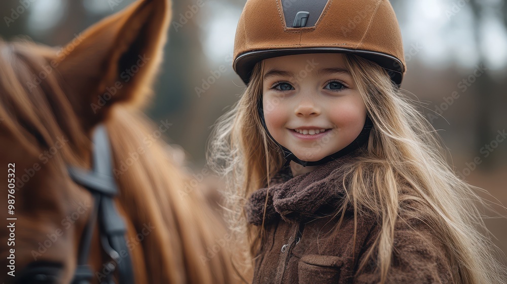 Happy Young Girl Riding Horse in Equestrian Helmet Happy Young Girl Riding Horse in Equestrian Helmet