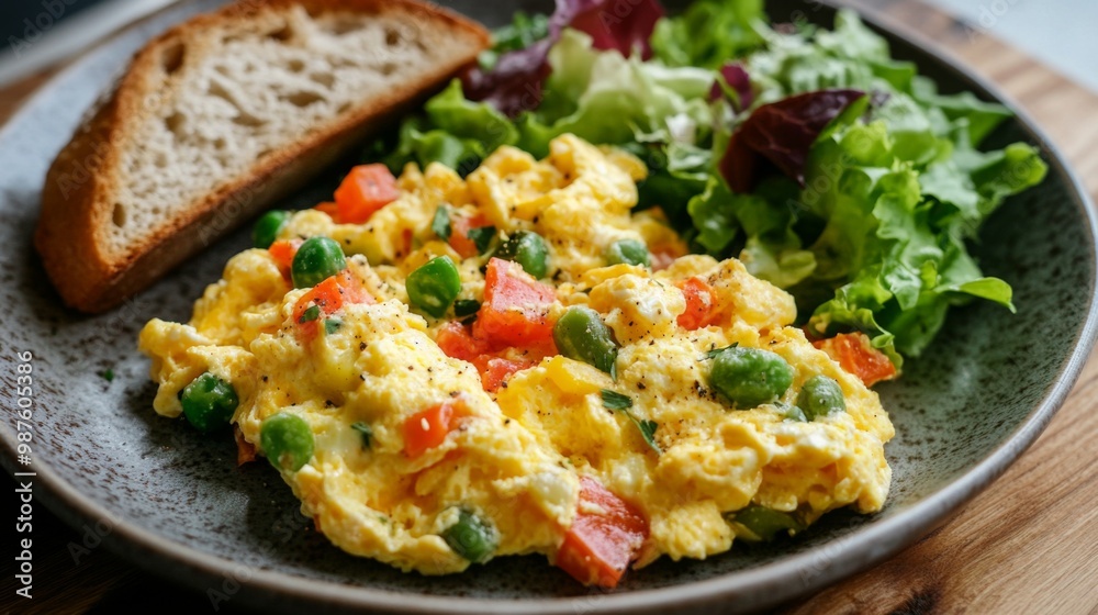 A vibrant plate of scrambled eggs with mixed vegetables, including bell peppers and onions, served alongside a fresh green salad and a slice of crusty bread A vibrant plate of scrambled eggs with mixed vegetables, including bell peppers and onions, served alongside a fresh green salad and a slice of crusty bread
