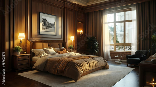 Luxury Bedroom Interior Design with Wooden Walls and Large Window - 3D Illustration