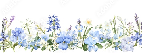 Blue and white flowers, hyacinth border on the right side, watercolor clipart with a solid background