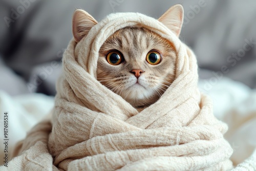 A cute cat wrapped snugly in a beige blanket with wide, curious eyes, Suitable for content related to pets, comfort, or coziness, photo