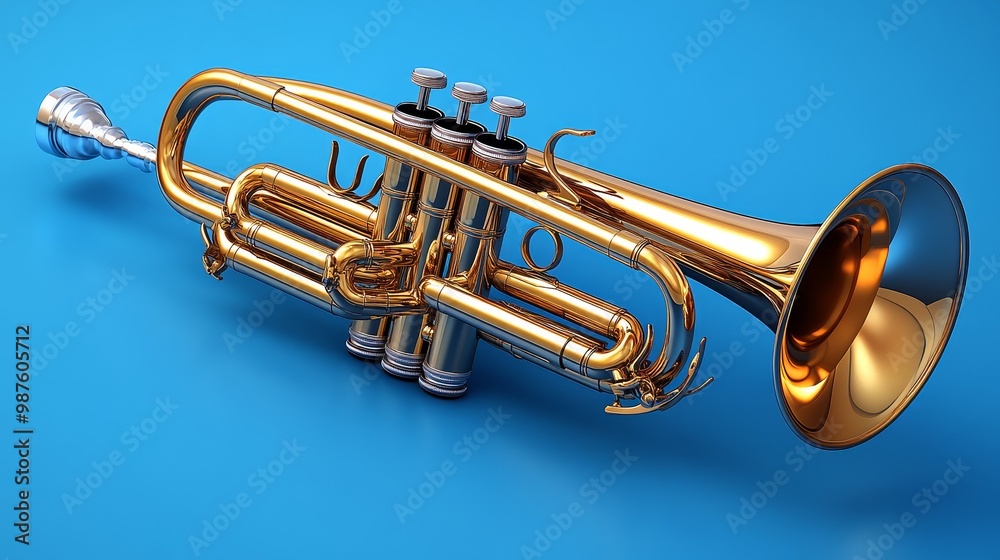 Obraz premium A shiny golden trumpet resting on a blue background, showcasing its elegant design and intricate features.