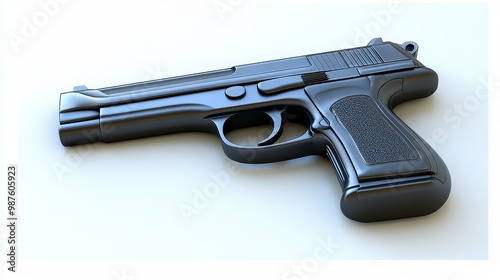 A sleek black handgun displayed on a neutral background, showcasing its modern design and detailing. photo