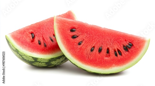 A vibrant, sliced watermelon showcasing its juicy red flesh and black seeds, with a refreshing summer vibe and a clean white background.