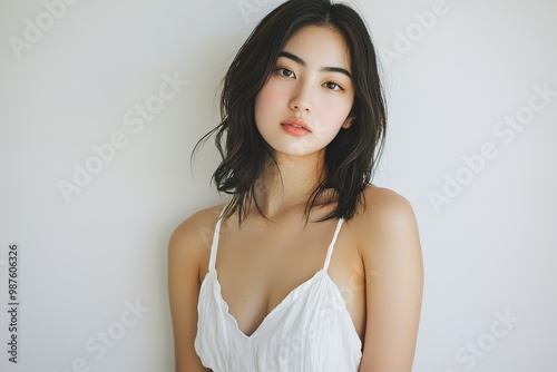 A photograph of an Asian woman in a white dress, with shoulder-length hair... photo