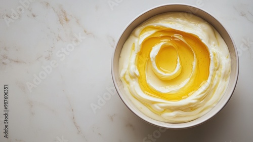 A simple yogurt bowl with a swirl of honey, highlighting a minimalist, wholesome breakfast.