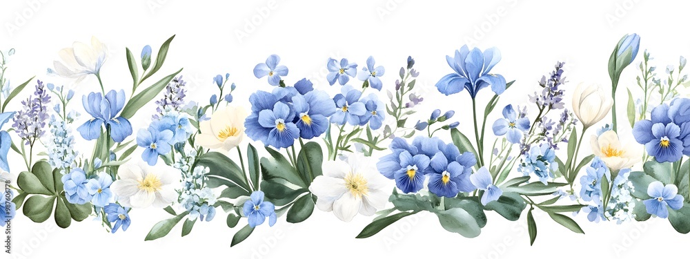 Blue and white flowers, hyacinth border on the right side, watercolor clipart with a solid background Blue and white flowers, hyacinth border on the right side, watercolor clipart with a solid background