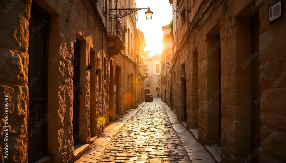 Fototapeta premium Narrow streets of a charming holiday town, lined with colorful buildings and vibrant flowers, inviting visitors to explore