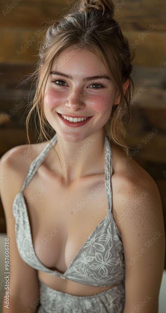 A beautiful young woman, with delicate skin and makeup, wearing a light gray... A beautiful young woman, with delicate skin and makeup, wearing a light gray...