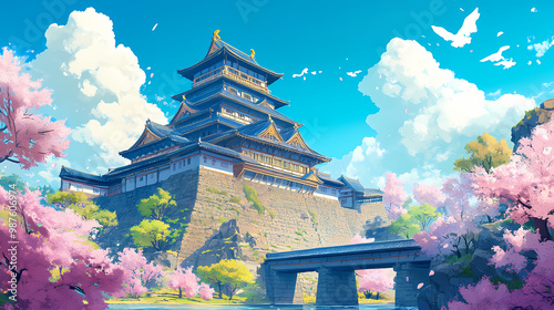 Japanese castle at spring in landscape anime cartoon illustration from generative ai. Samurai Castle. Illustration photo