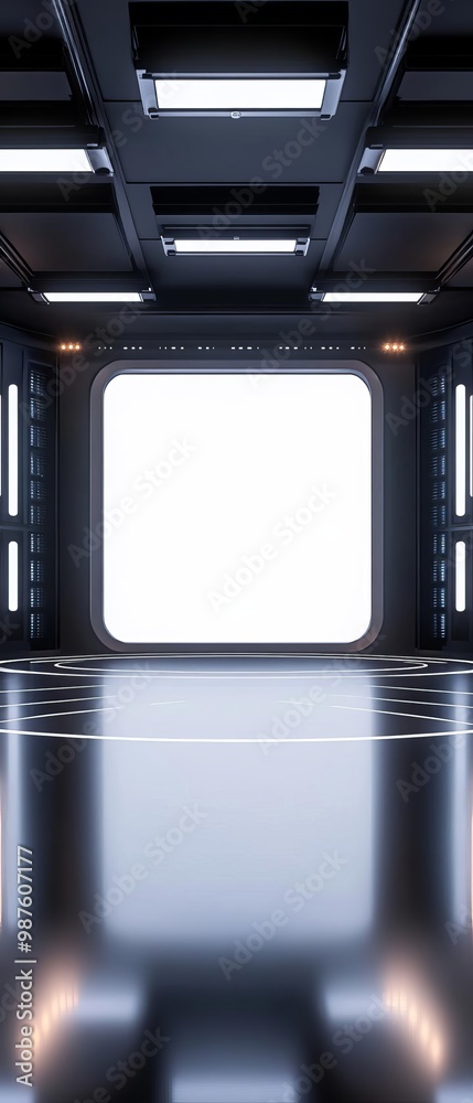 Futuristic interior with a large window on a polished floor Futuristic interior with a large window on a polished floor