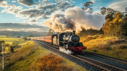 A vintage steam locomotive traveling along historic railway tracks, with smoke billowing and a nostalgic backdrop of countryside scenery. photo