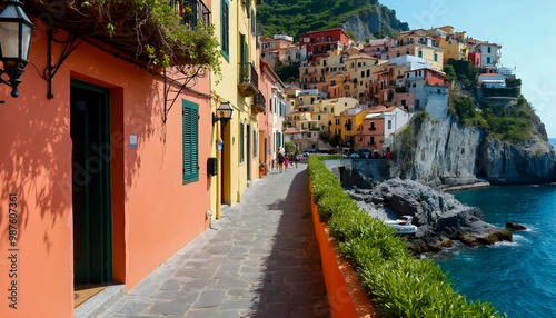 Fototapeta Naklejka Na Ścianę i Meble -  A narrow street along the cliffside in Positano, Italy, lined with colorful buildings cascading down to the Mediterranean Sea, showcasing stunning coastal views