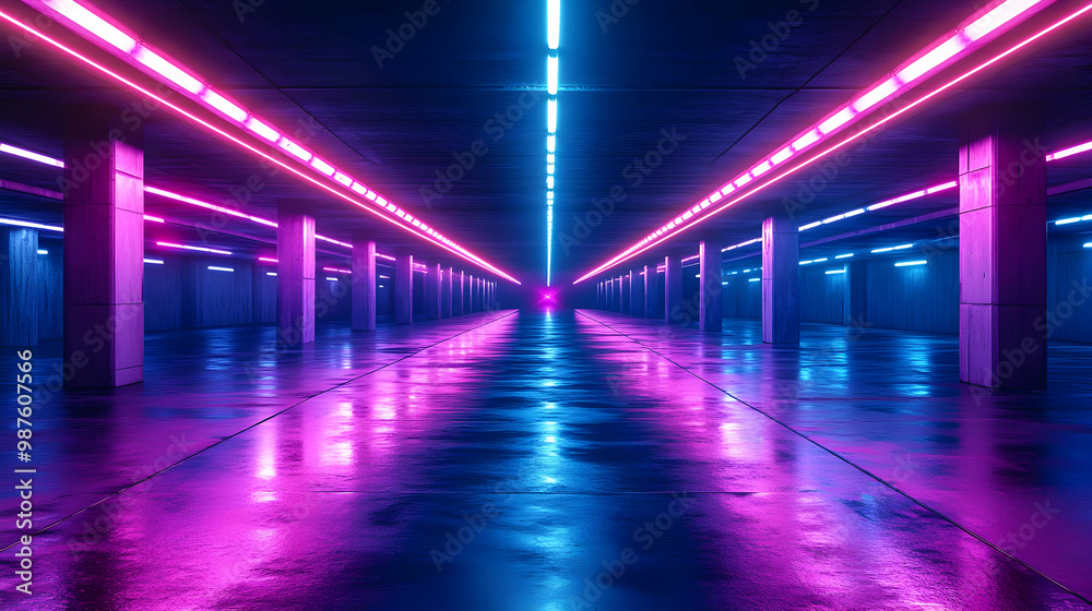 Neon Lights in a Concrete Corridor 3D Illustration Neon Lights in a Concrete Corridor 3D Illustration