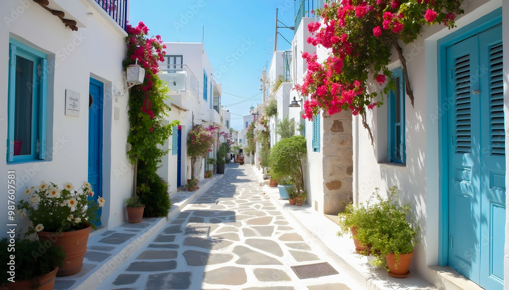 Fototapeta premium A narrow street in Mykonos, Greece, lined with iconic whitewashed buildings featuring blue doors and windows, with vibrant flowers cascading from balconies under the bright Mediterranean sun