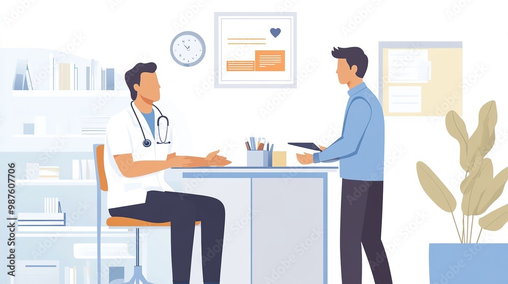 A healthcare professional consults with a patient in a modern clinic setting, discussing health concerns and treatment options A healthcare professional consults with a patient in a modern clinic setting, discussing health concerns and treatment options