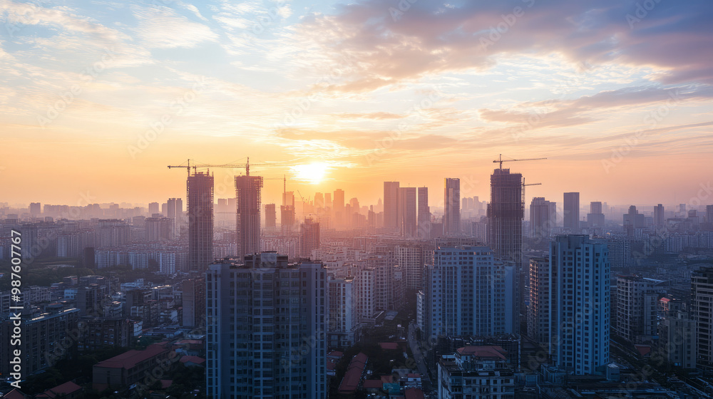A bustling urban center in an emerging economy with construction cranes building new high-rise apartments A bustling urban center in an emerging economy with construction cranes building new high-rise apartments