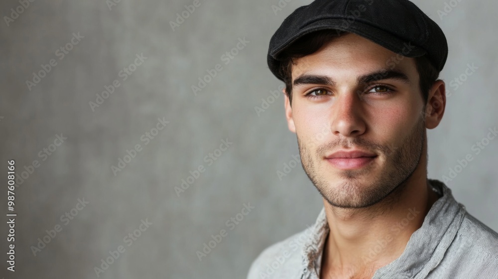 Portrait of a young handsome trendy man wearing a cap of black color. with copy space Portrait of a young handsome trendy man wearing a cap of black color. with copy space