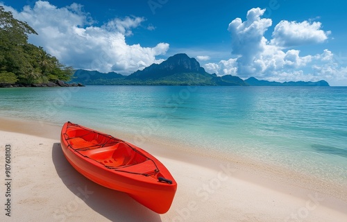 Beachside kayak boat with Poda Island in the backdrop and a clear blue sky