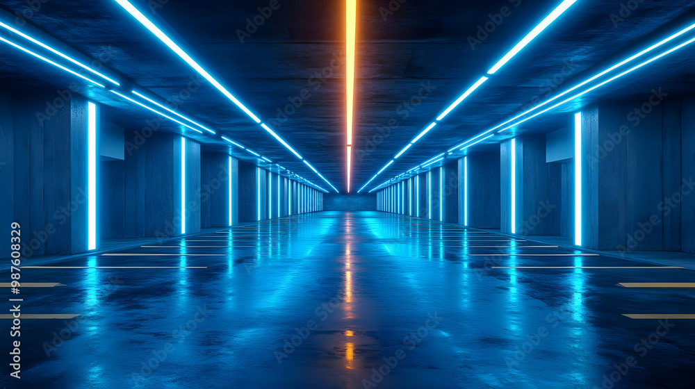Blue and Orange Neon Lights in an Empty Corridor 3d Illustration Blue and Orange Neon Lights in an Empty Corridor 3d Illustration