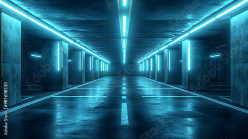 Blue Neon Lights in a Concrete Underground Parking Garage 3D Illustration