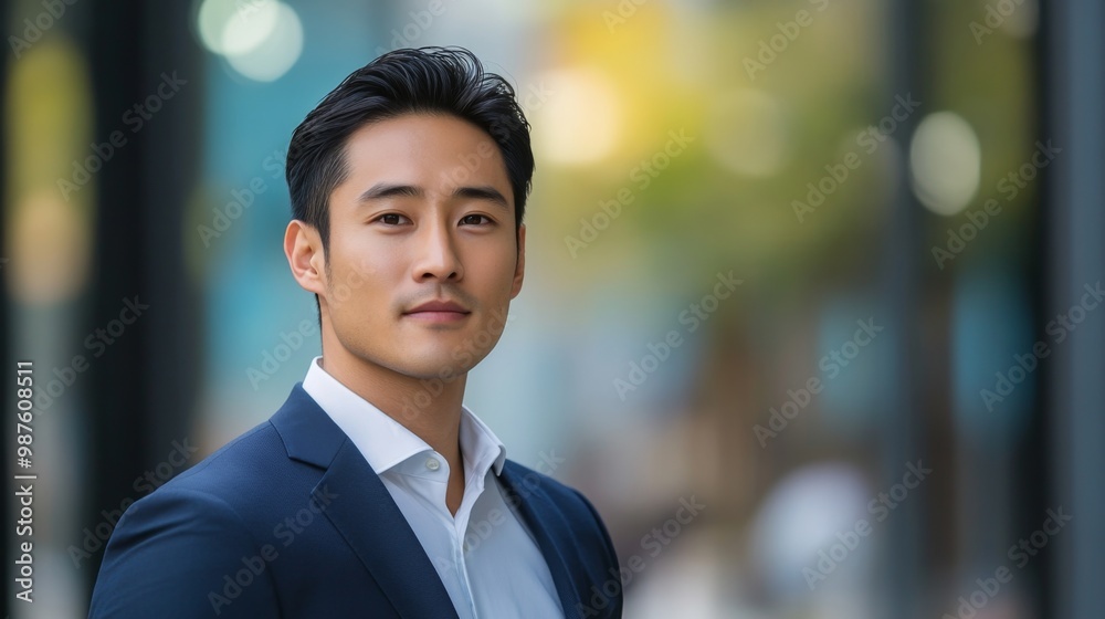 Portrait of an handsome Asian man in suit outdoors with a blurry business center in backdrop. with copy space Portrait of an handsome Asian man in suit outdoors with a blurry business center in backdrop. with copy space